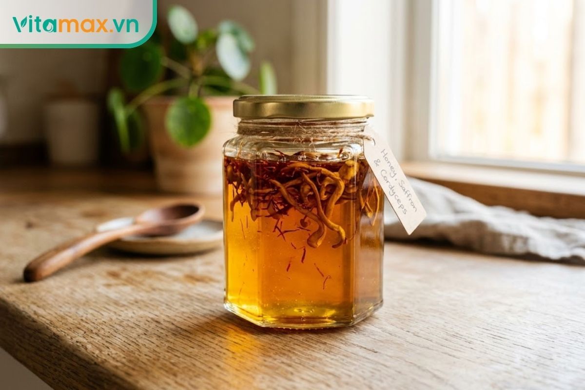 Hũ thủy tinh chứa mật ong vàng óng ngâm cùng sợi saffron đỏ và nấm đông trùng hạ thảo khô đặt trên bàn bếp gỗ, ngập tràn ánh sáng tự nhiên.