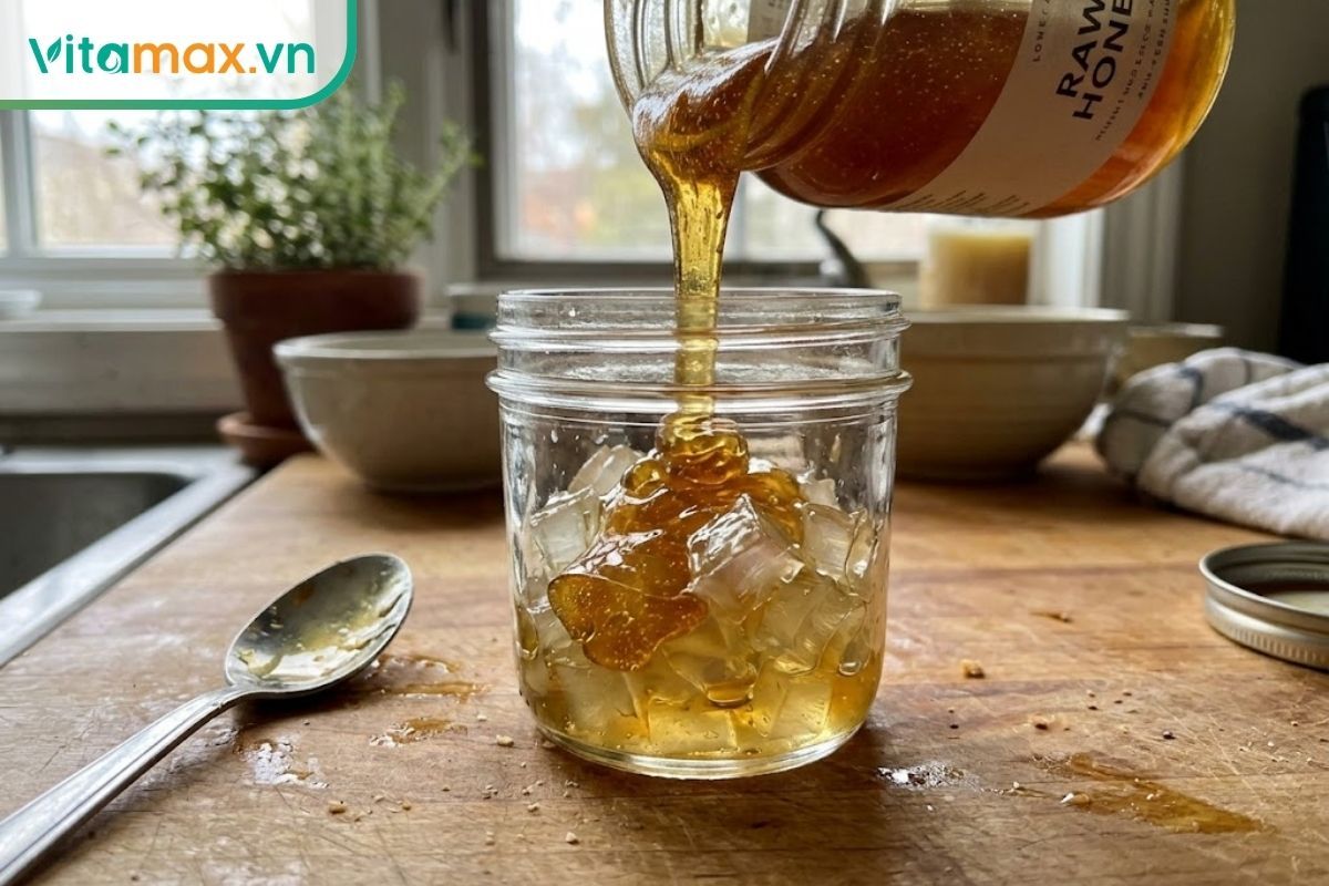 Rót mật ong nguyên chất vào hũ thủy tinh sao cho ngập hoàn toàn phần nha đam thái lựu để tránh lên men.