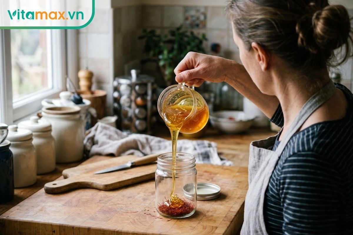 Hình ảnh đời thường chụp thao tác tay đang cầm hũ rót từ từ dòng mật ong nguyên chất đặc sánh vào hũ thủy tinh có chứa nhụy hoa nghệ tây.