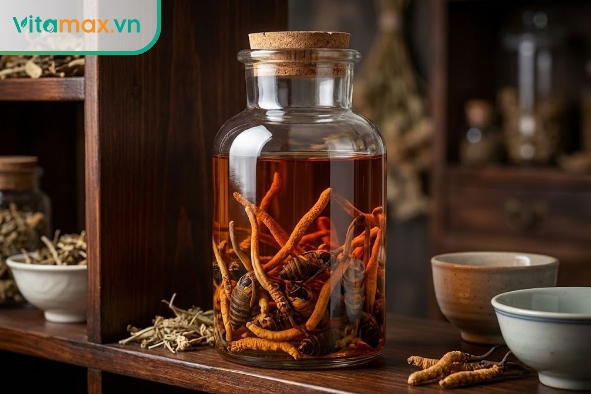 Bình thủy tinh ngâm rượu đông trùng hạ thảo bọ xít màu hổ phách sang trọng.