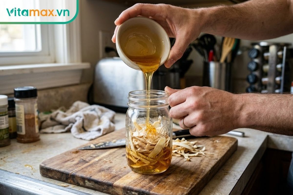 Cận cảnh đôi tay đang rót mật ong nguyên chất vào hũ thủy tinh chứa sâm Ngọc Linh thái lát tại gian bếp gia đình.