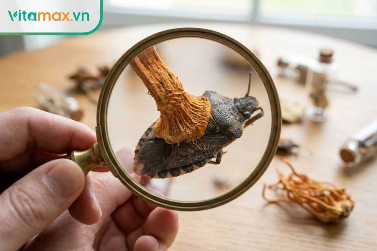 Soi kính lúp kiểm tra bề mặt nấm đông trùng hạ thảo bọ xít để phát hiện dấu hiệu mốc trắng hoặc hư hỏng.