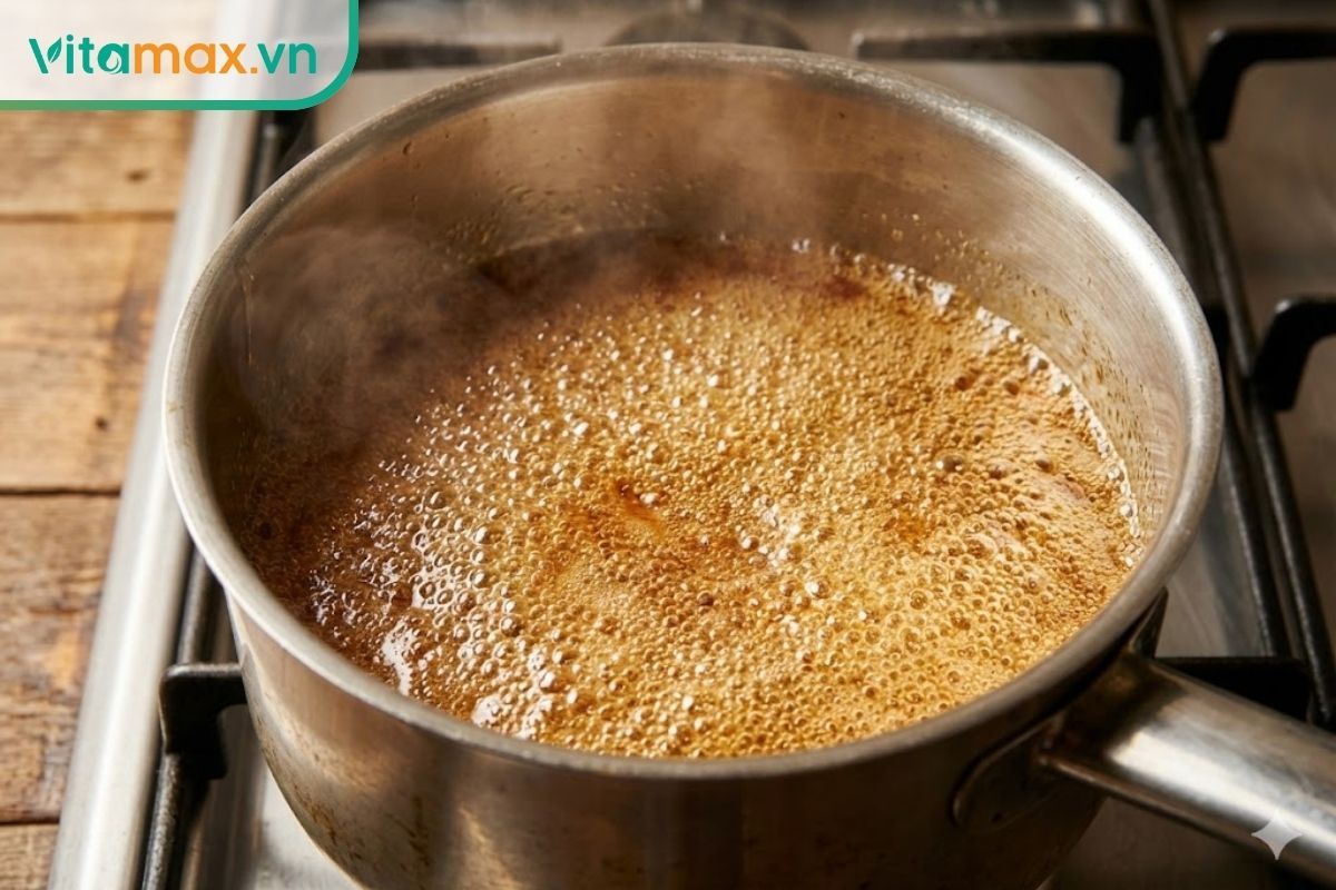Cận cảnh mật ong đang sôi trên chảo nóng, sủi bọt khí đều và chuyển sang màu caramen dẻo, không bị vón cục đường.