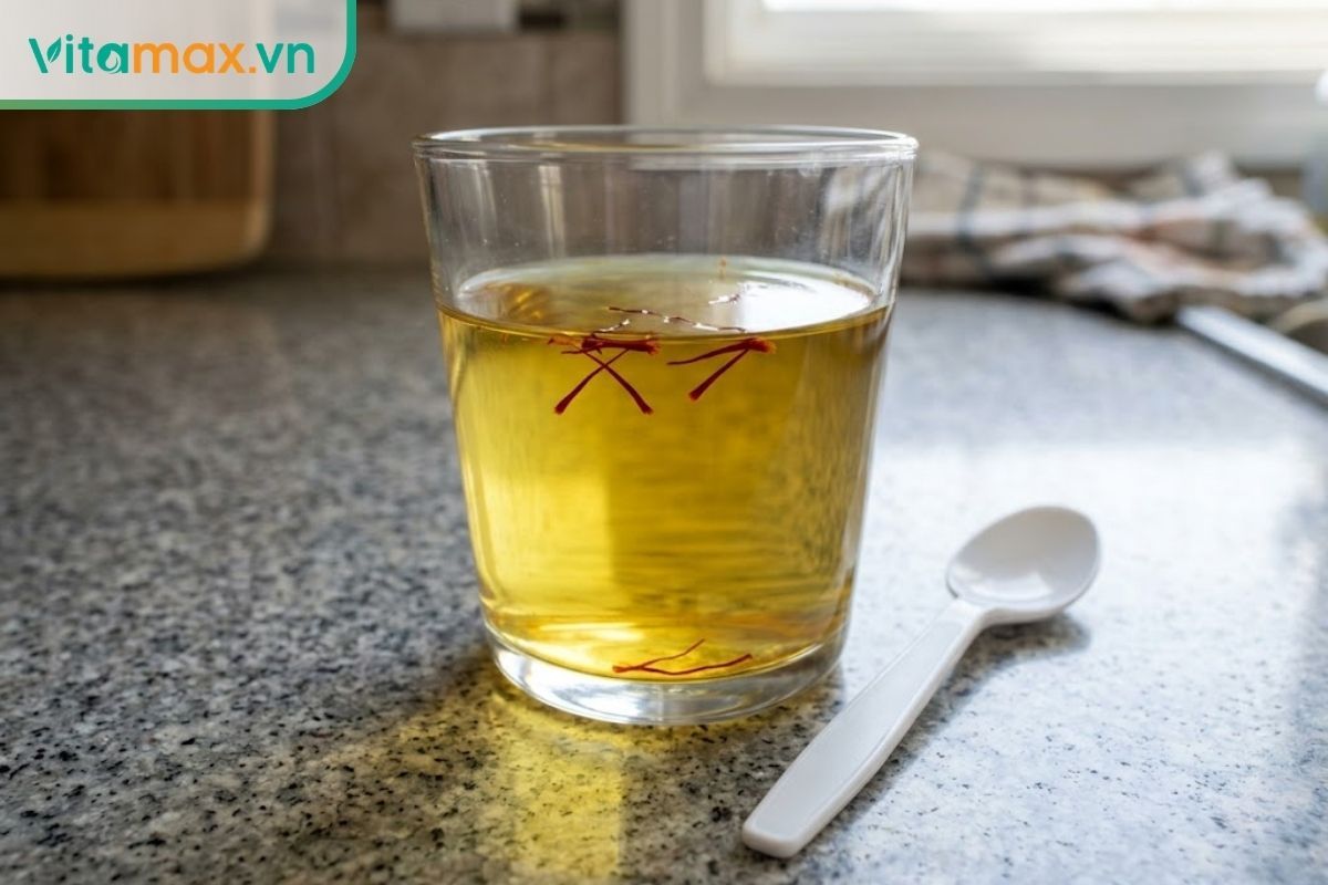 Thử nghiệm ngâm sợi nhụy hoa nghệ tây thật trong nước ấm, nước chuyển màu vàng cam trong suốt trong khi sợi vẫn giữ nguyên màu đỏ sẫm.