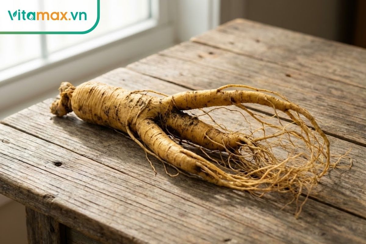 Củ nhân sâm hàn quốc 6 năm tuổi với hình dáng đầy đủ rễ cái và rễ con.