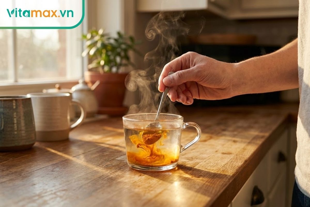 Hướng dẫn cách pha bột đông trùng hạ thảo với nước ấm đúng cách để bột tan đều và không vón cục.