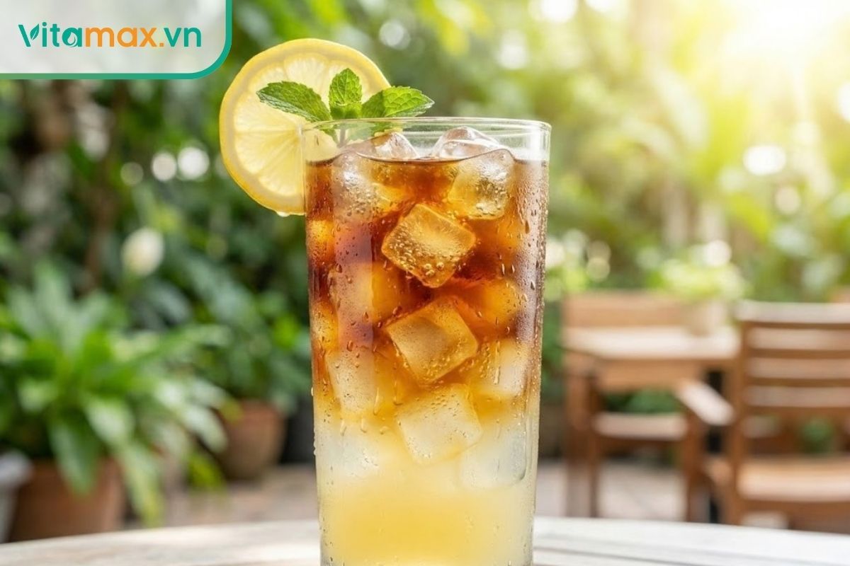 Ly cà phê chanh mật ong đá viên mát lạnh, trang trí bằng lát chanh vàng tươi và lá bạc hà, công thức giải nhiệt ngày hè.