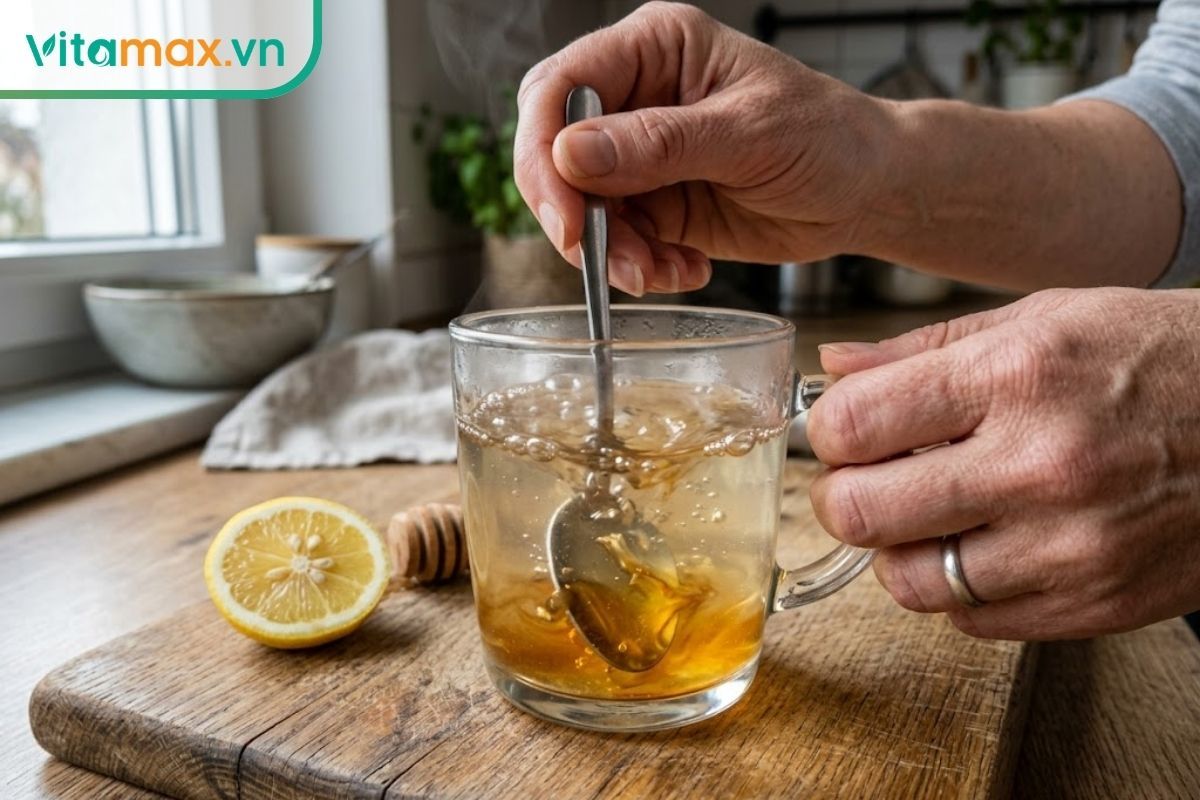 Cận cảnh thao tác dùng thìa khuấy đều mật ong nguyên chất vào ly nước ấm trước khi vắt thêm nước cốt chanh tươi.