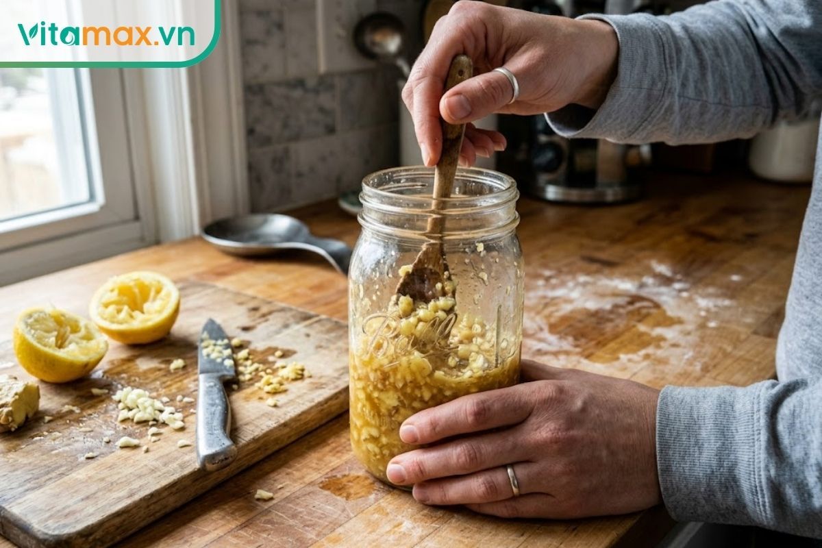 Quá trình dùng thìa gỗ khuấy đều hỗn hợp nước cốt gừng, tỏi băm, giấm táo và mật ong trong hũ thủy tinh.