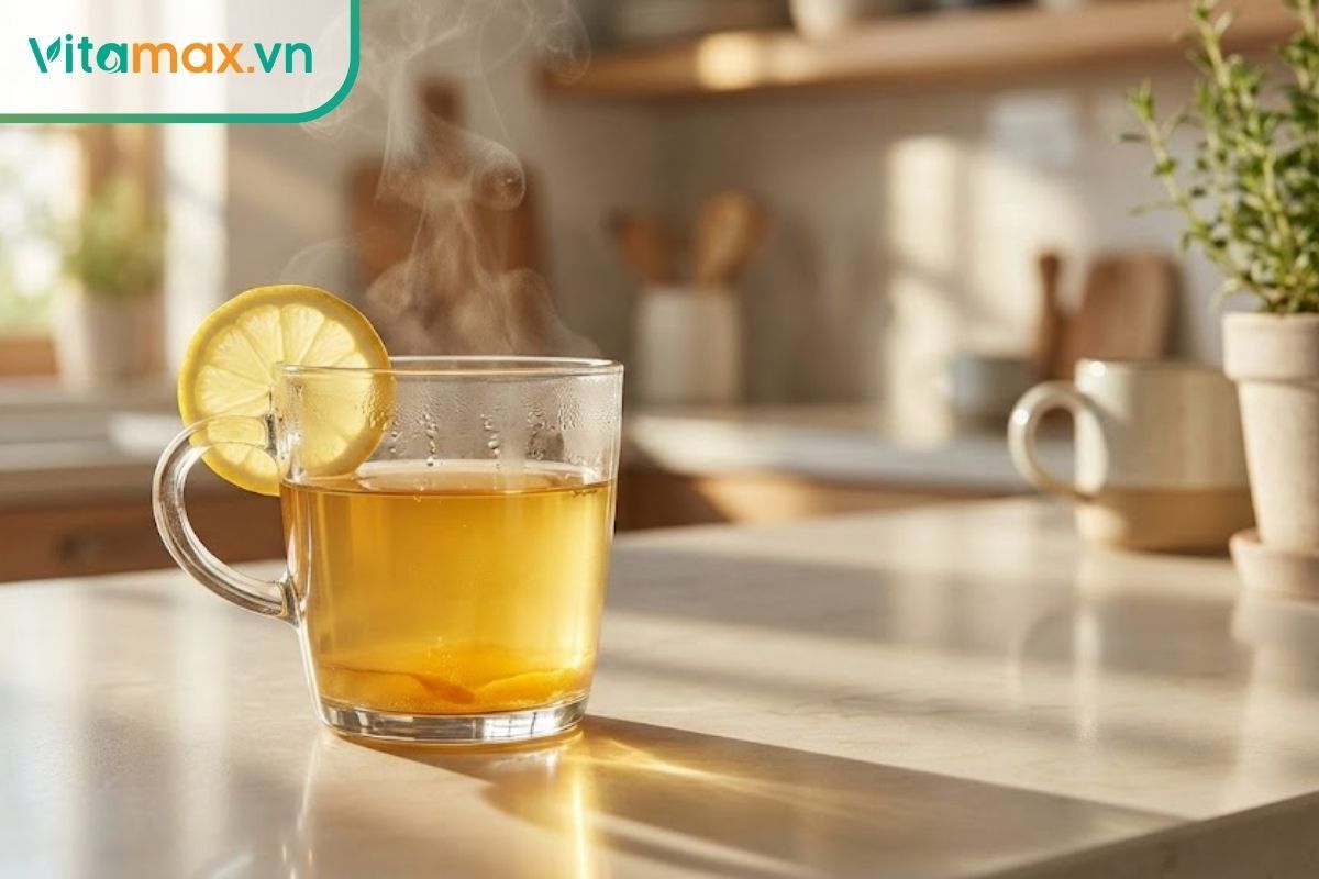Ly nước ấm pha mật ong Manuka bốc hơi nhẹ, đặt cạnh lát chanh tươi trên bàn.