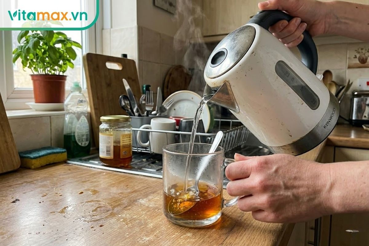 Đang rót nước ấm từ bình đun siêu tốc vào một chiếc cốc thủy tinh đã có sẵn mật ong để khuấy đều, thao tác thực tế tại nhà.