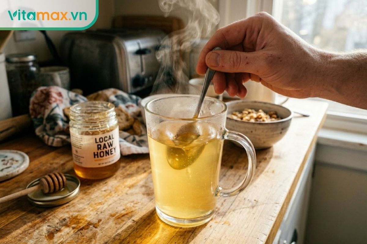 Hai bàn tay đang dùng thìa nhỏ khuấy nhẹ nhàng một lượng vừa đủ mật ong vào ly thủy tinh chứa nước ấm trong không gian bếp.