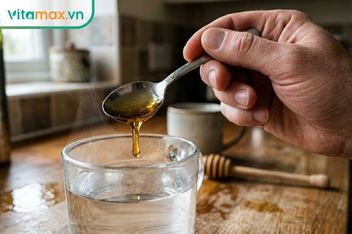 Cận cảnh bàn tay đang dùng thìa nhỏ khuấy đều một ít mật ong vào cốc nước ấm bốc khói nhẹ.