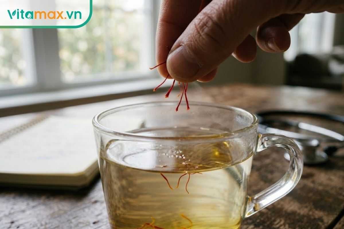 Cận cảnh ngón tay đang thả vài sợi nhụy hoa nghệ tây đỏ sẫm vào ly nước ấm, nước bắt đầu loang màu vàng nhẹ.