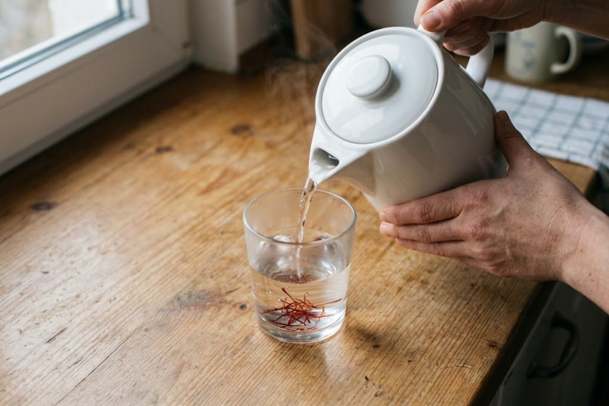 Hướng dẫn thao tác rót nước ấm vào ly thủy tinh có chứa vài sợi nhụy hoa nghệ tây để ngâm uống đúng cách.