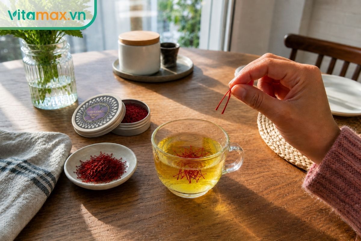 Cận cảnh tay cầm 3 sợi saffron nguyên chất chuẩn bị pha vào ly nước ấm. Liều lượng an toàn khi bà bầu uống saffron là 1 đến 3 sợi.