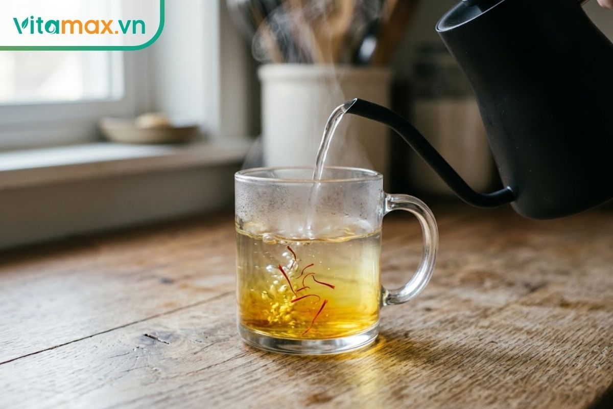 Nước ấm đang được rót từ từ vào một chiếc ly thủy tinh chứa vài sợi saffron, dòng nước bắt đầu chuyển sang màu vàng óng ả đặc trưng.