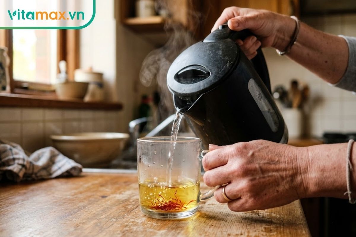 Hình ảnh thực tế thao tác rót nước ấm vào ly thủy tinh có chứa sẵn các sợi saffron để không làm mất dưỡng chất.