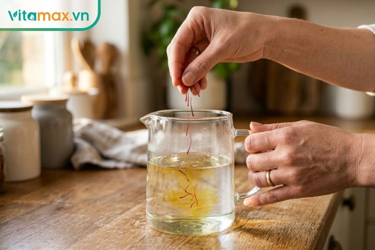 Bàn tay người đang cẩn thận thả đúng 5 đến 7 sợi nhụy hoa nghệ tây màu đỏ vào một bình thủy tinh chứa nước ấm, nước bắt đầu chuyển màu vàng nhạt.