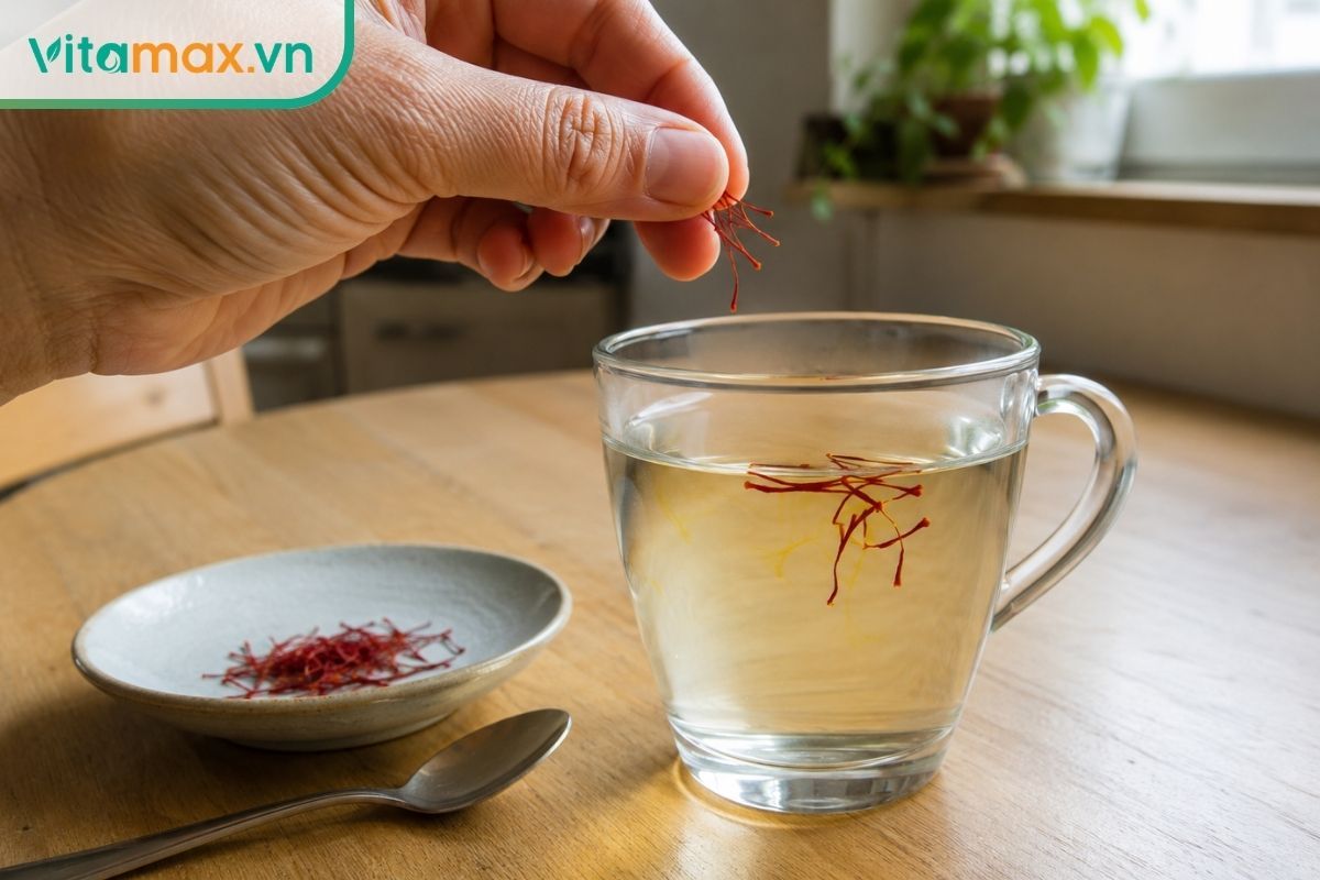 Người mới dùng thả 3 đến 5 sợi saffron vào ly nước ấm để pha trà hằng ngày theo cách đơn giản.