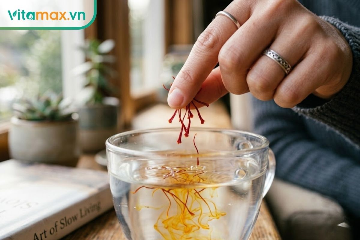 Cách pha saffron chuẩn cho người mới bắt đầu là thả từ 5 đến 10 sợi nhụy hoa nghệ tây vào ly nước ấm và chờ tan màu vàng óng.