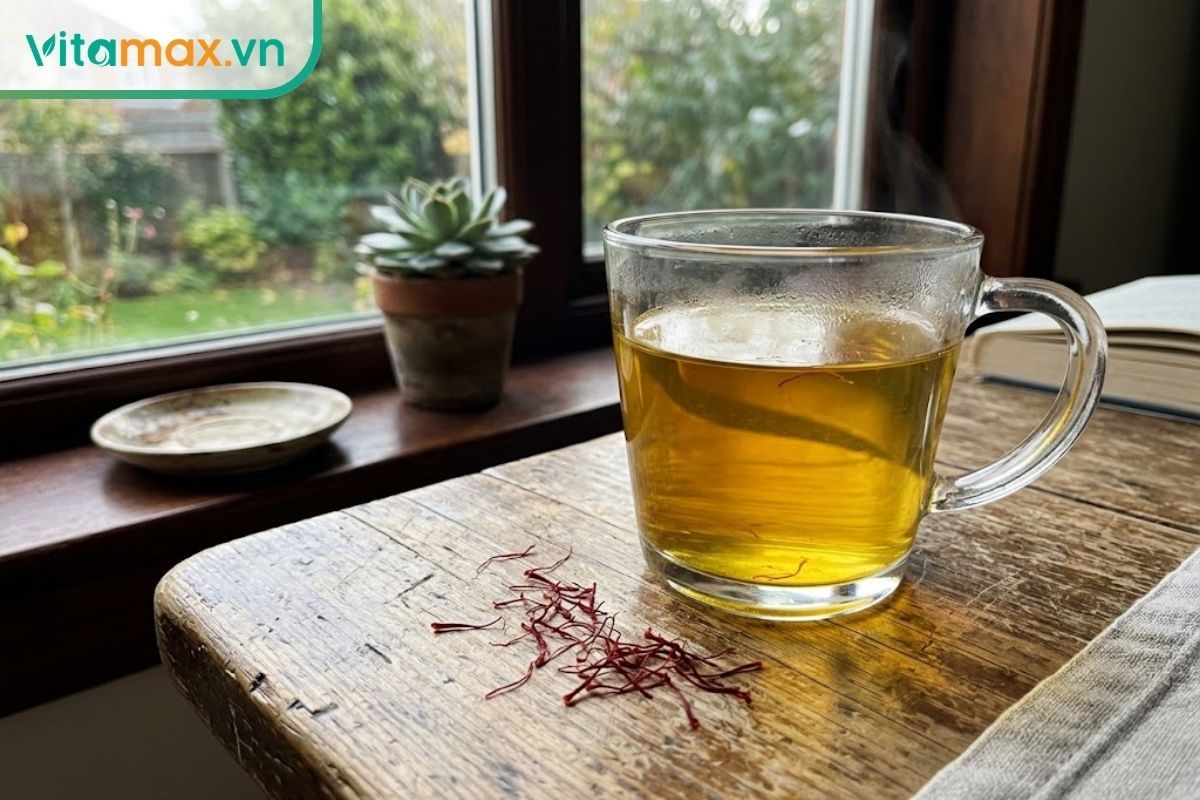 Ly nước saffron pha đúng cách có màu vàng trong tự nhiên, đặt cạnh vài sợi nhụy hoa nghệ tây thật trên bàn.