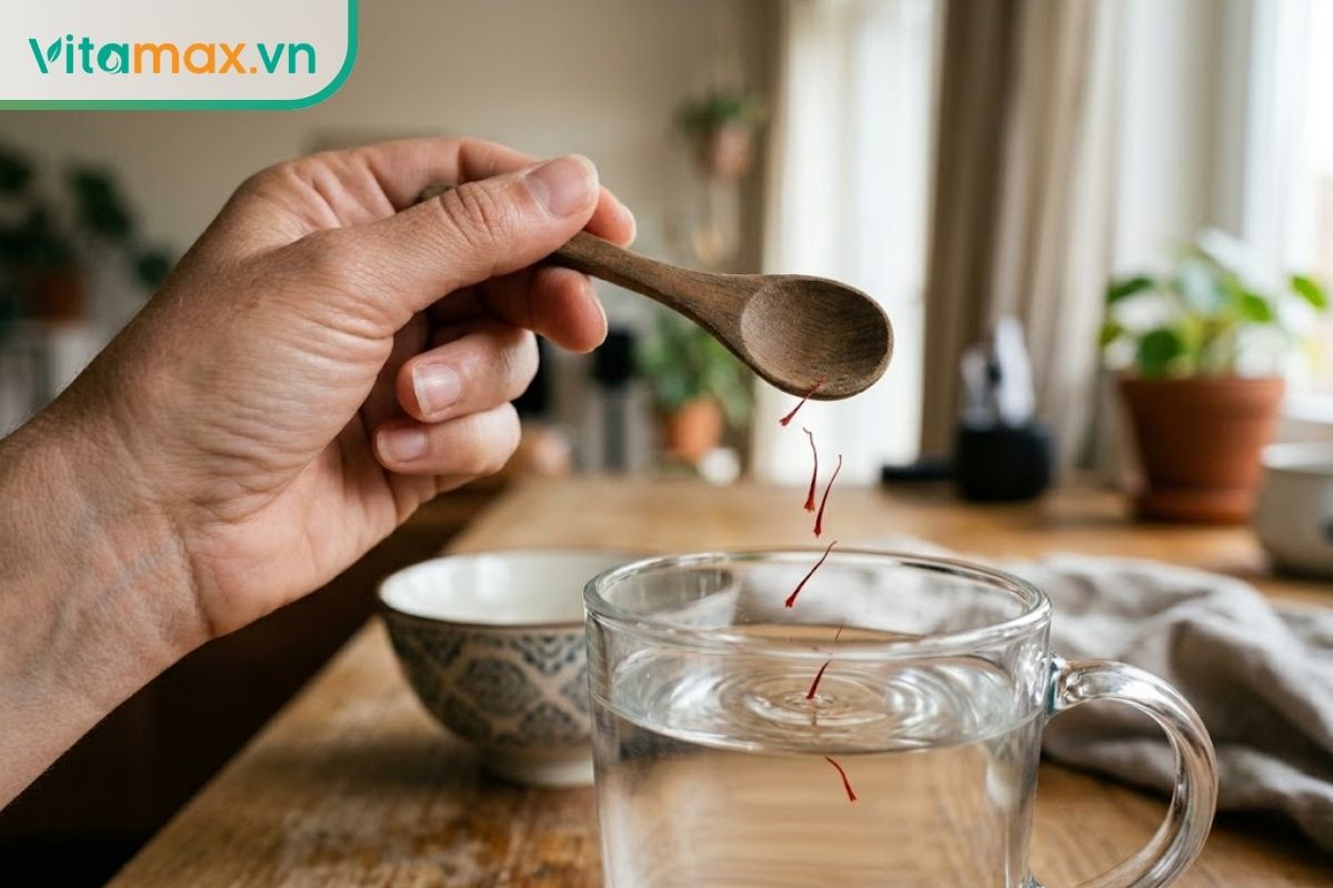 Cận cảnh bàn tay một người đang cẩn thận thả 4 sợi saffron màu đỏ từ một chiếc thìa gỗ nhỏ vào ly nước ấm trong suốt.