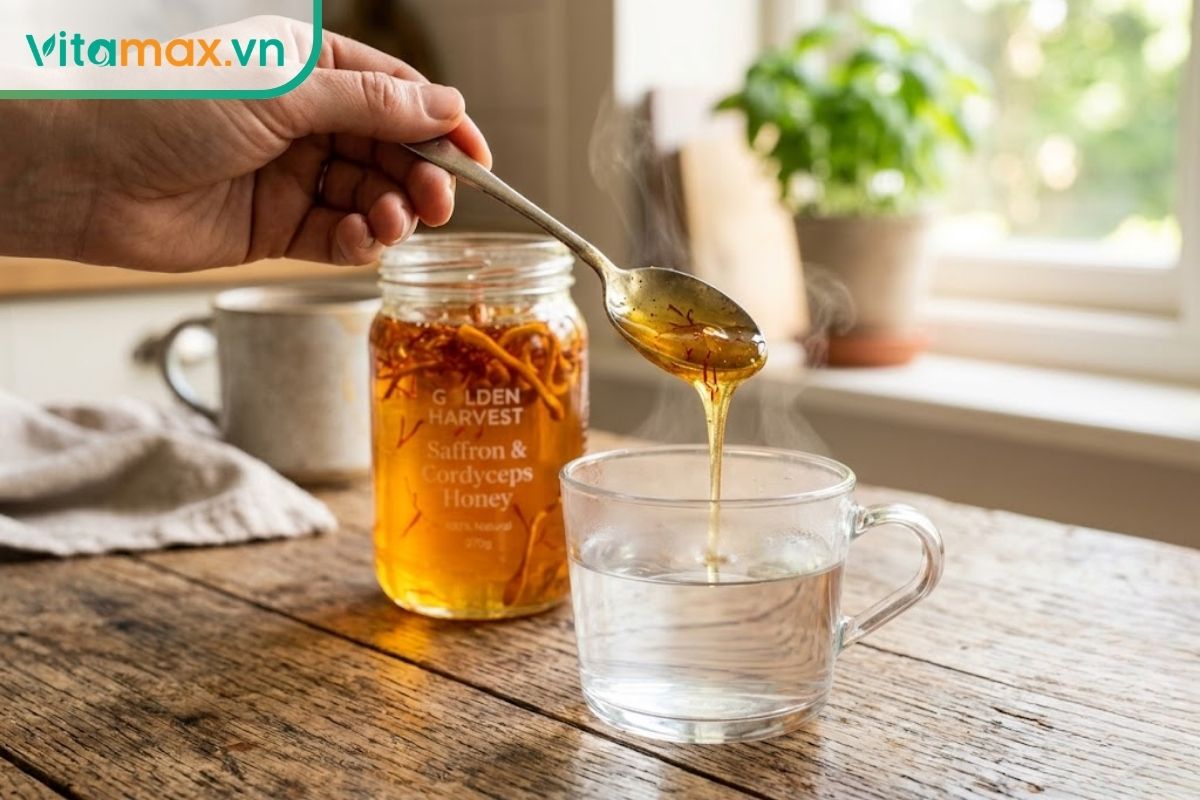 Một chiếc thìa đang múc hỗn hợp mật ong sánh vàng từ trong hũ thủy tinh để rót vào một ly nước ấm, hơi nước bốc lên nhẹ nhàng.