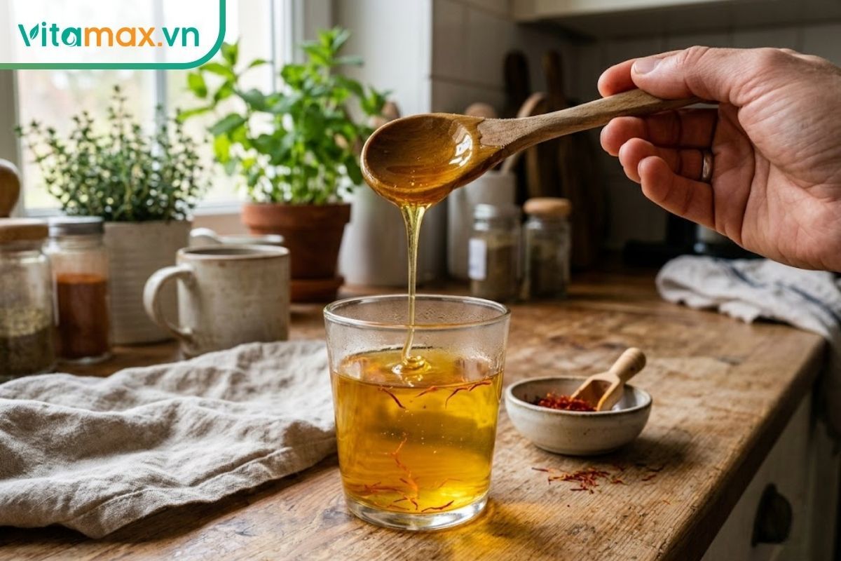 Dùng thìa gỗ thêm mật ong nguyên chất vào ly nước saffron ấm để tạo vị ngọt thanh, dễ uống.
