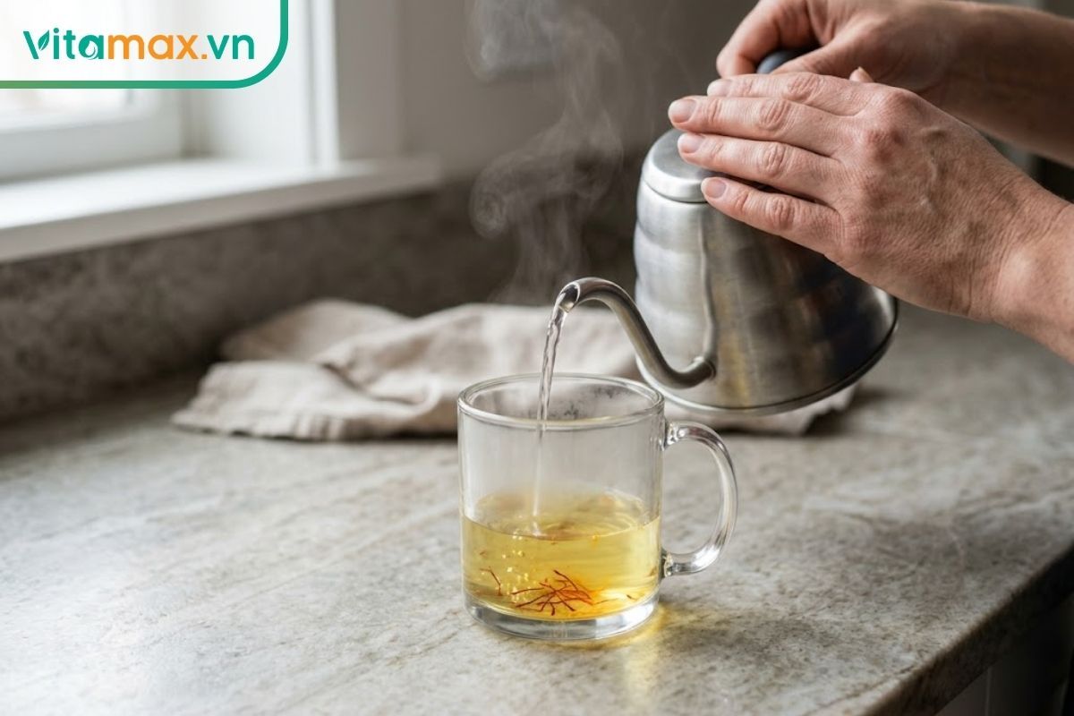 Đôi bàn tay người phụ nữ đang cẩn thận rót nước ấm từ một ấm đun nước nhỏ vào chiếc cốc thủy tinh đã có sẵn vài sợi saffron đỏ dưới đáy.