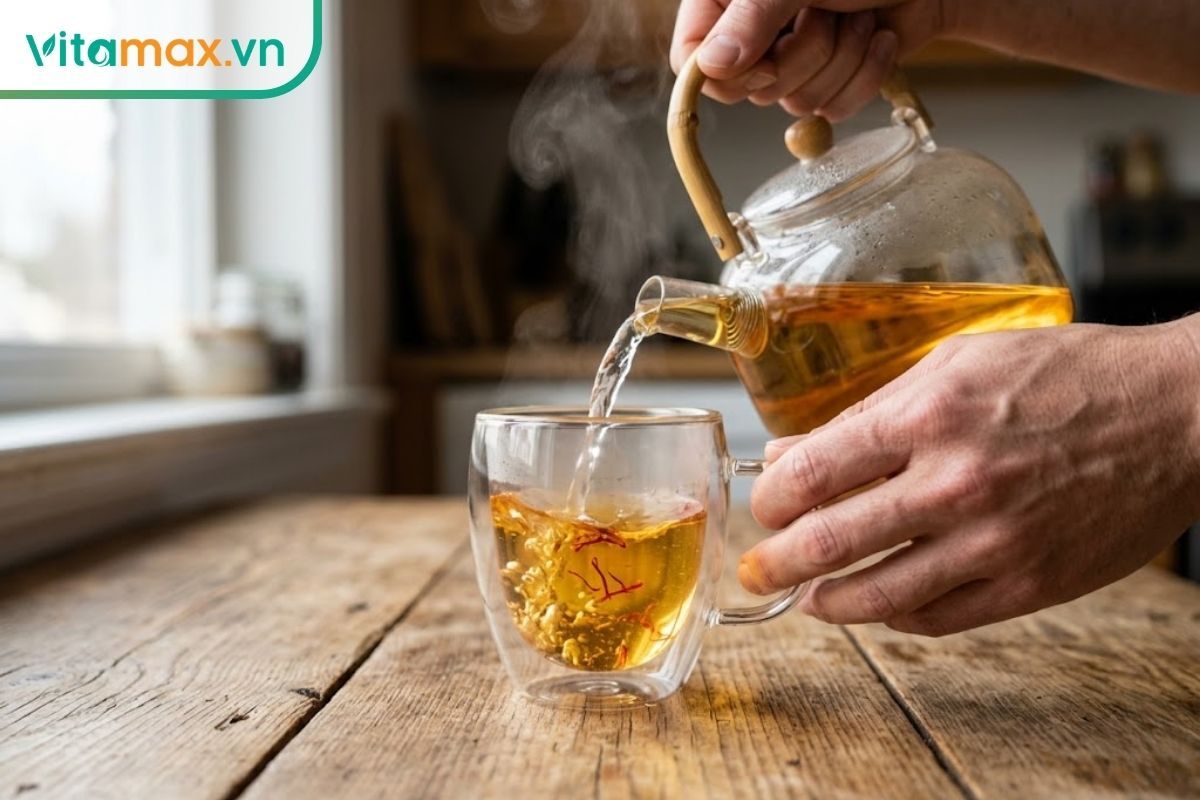 Đôi bàn tay đang cầm ấm thủy tinh rót nước ấm vào một chiếc cốc có sẵn vài sợi saffron, nước trong cốc đang từ từ chuyển sang màu vàng cam đẹp mắt.
