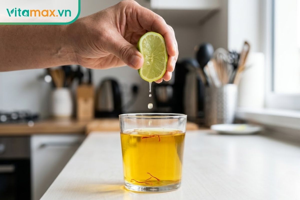 Tay người thật đang vắt vài giọt nước cốt chanh tươi vào ly nước saffron màu vàng đã nguội bớt để giữ trọn dưỡng chất.