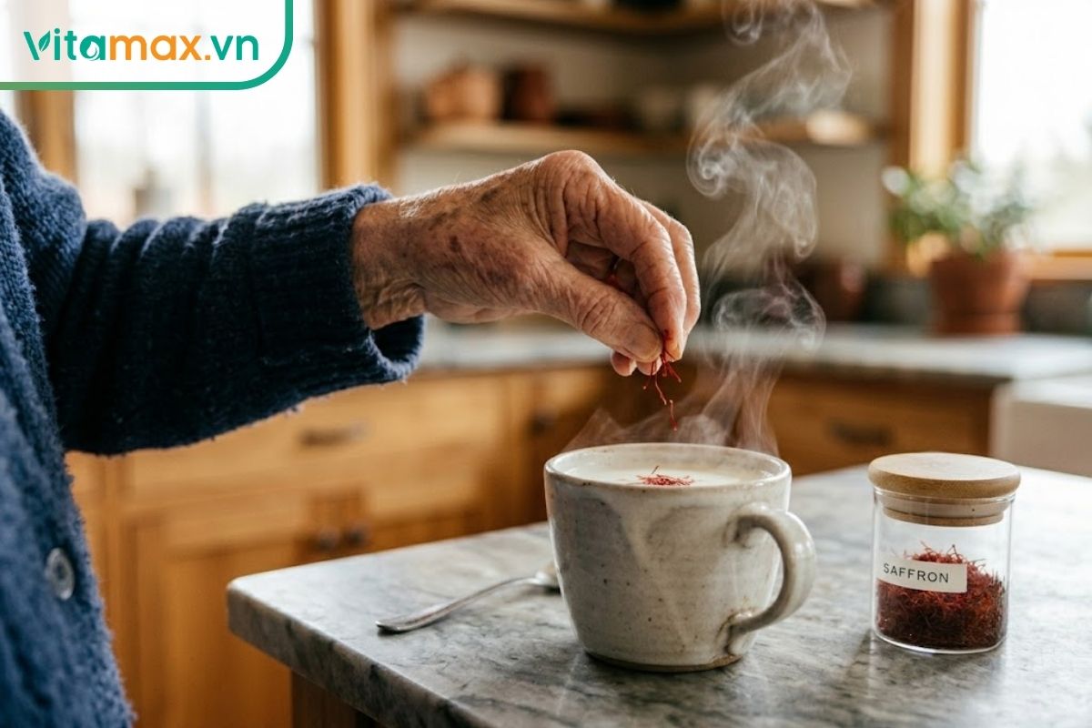 Đôi bàn tay của người cao tuổi đang cẩn thận thả từng sợi nhụy hoa nghệ tây màu đỏ vào một cốc sứ chứa sữa ấm trên bàn bếp.