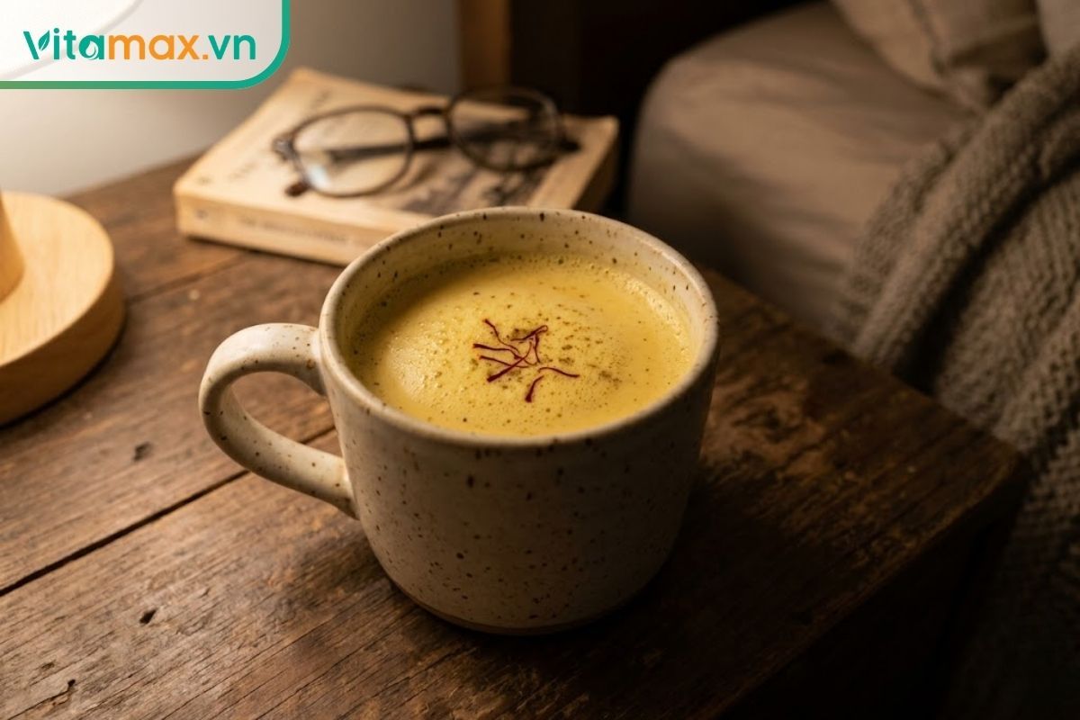 Ly sứ chứa sữa ấm pha nhụy hoa nghệ tây có màu vàng nhạt bắt mắt, đặt trên bàn gỗ mang lại cảm giác thư giãn.