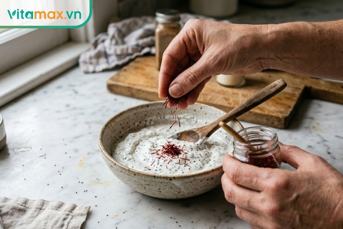 Hướng dẫn thực tế cách rắc vài sợi nhụy hoa nghệ tây vào bát sữa chua không đường trộn hạt chia.