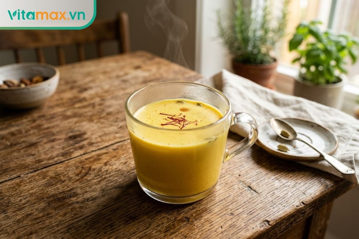 Cốc sữa saffron màu vàng óng đặt trên bàn gỗ, bên cạnh là vài sợi nhụy hoa nghệ tây đỏ thẫm trong ánh sáng ban mai ấm áp.