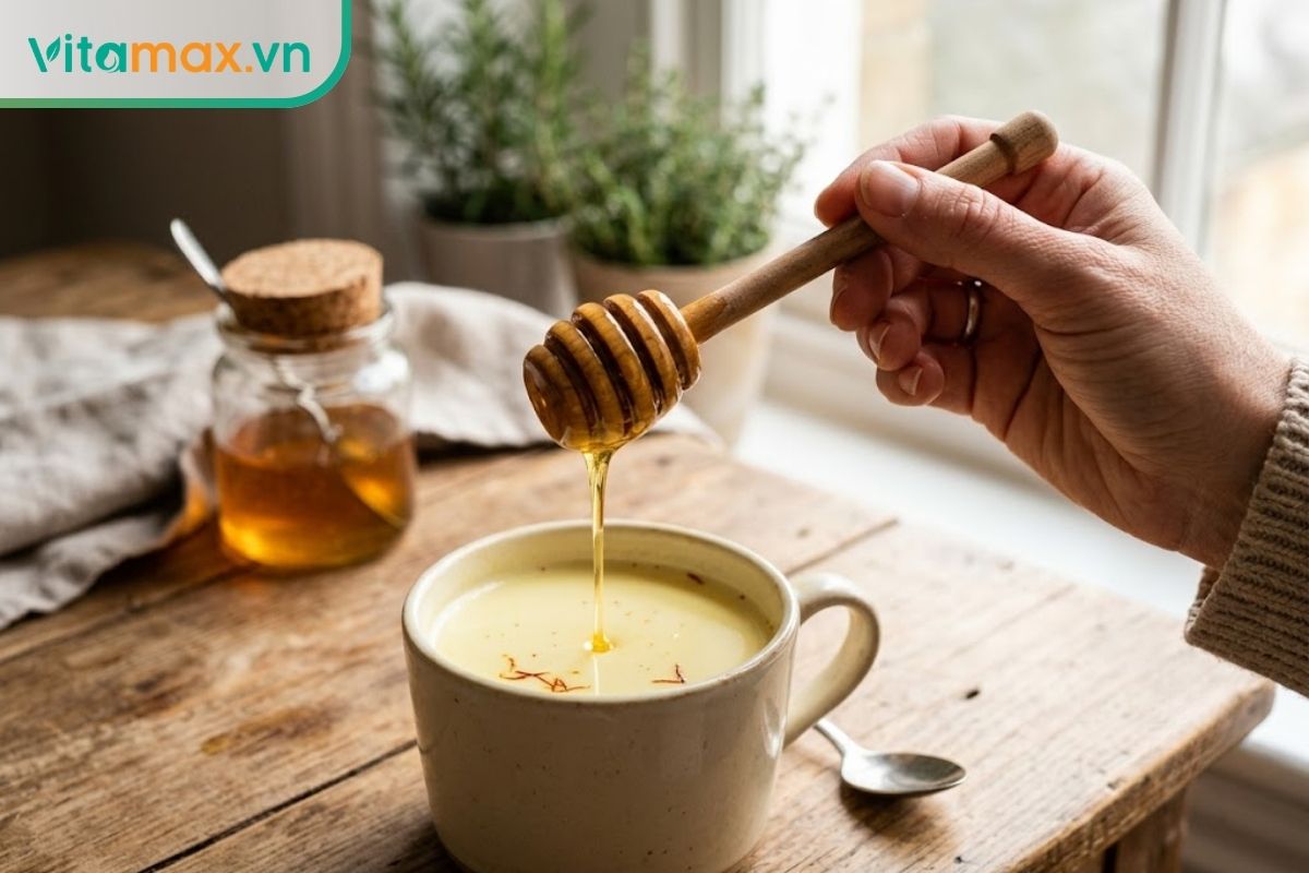 Một thanh khuấy mật ong bằng gỗ đang nhỏ những giọt mật ong nguyên chất vàng óng vào cốc sữa saffron màu vàng nhạt trên bàn ăn.