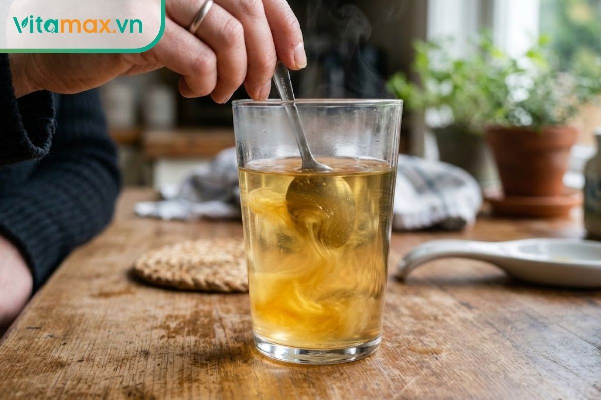 Hướng dẫn thực tế cách pha loãng dịch tỏi ngâm mật ong với nước ấm cho bé dễ uống.