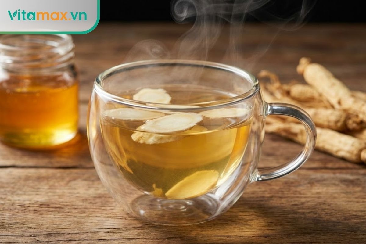 Tách trà bạch sâm nóng hổi với các lát sâm nổi bên trên, khói tỏa nhẹ nhàng, đặt cạnh hũ mật ong.