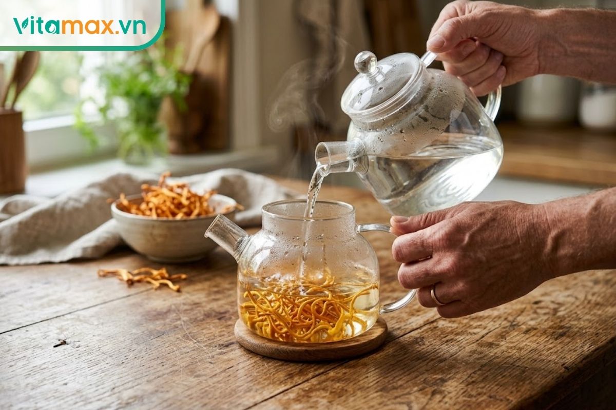 Cận cảnh hai bàn tay đang rót nước ấm vào ấm trà thủy tinh có chứa sợi đông trùng hạ thảo màu vàng.