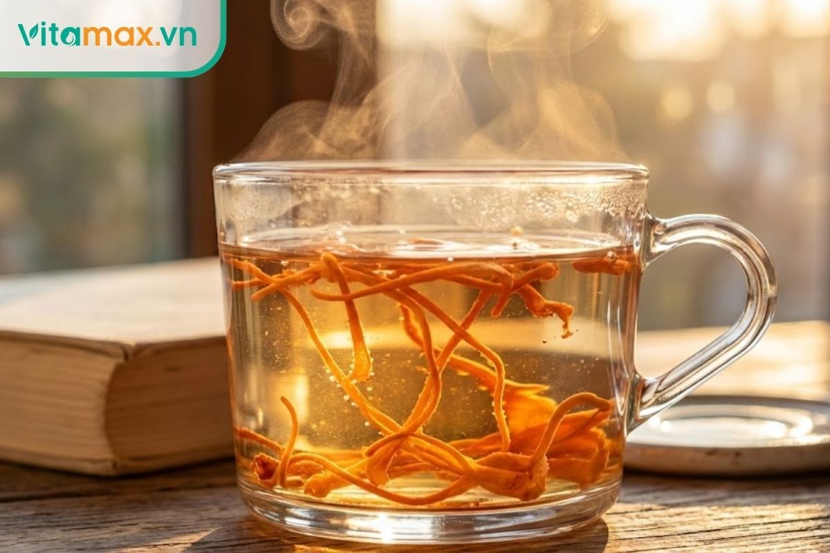 Ly trà đông trùng hạ thảo màu vàng cam đẹp mắt đang bốc khói nhẹ, đặt trên bàn làm việc.