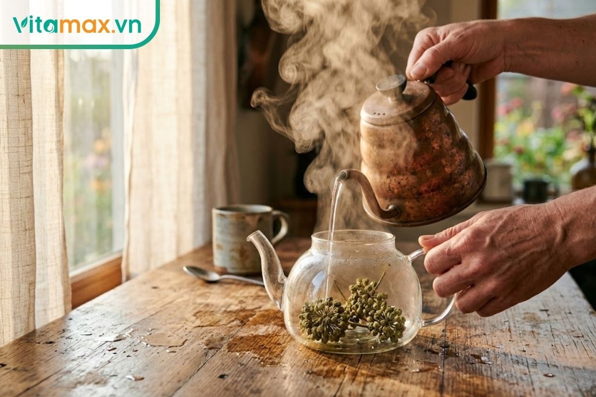 Cận cảnh đôi tay đang rót nước nóng từ ấm đun vào một bình trà thủy tinh chứa nụ hoa sâm Ngọc Linh.