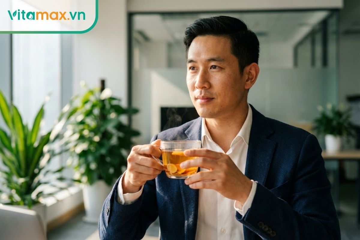 Nam giới văn phòng đang thưởng thức trà nhân sâm để giảm căng thẳng và tăng sự tỉnh táo.