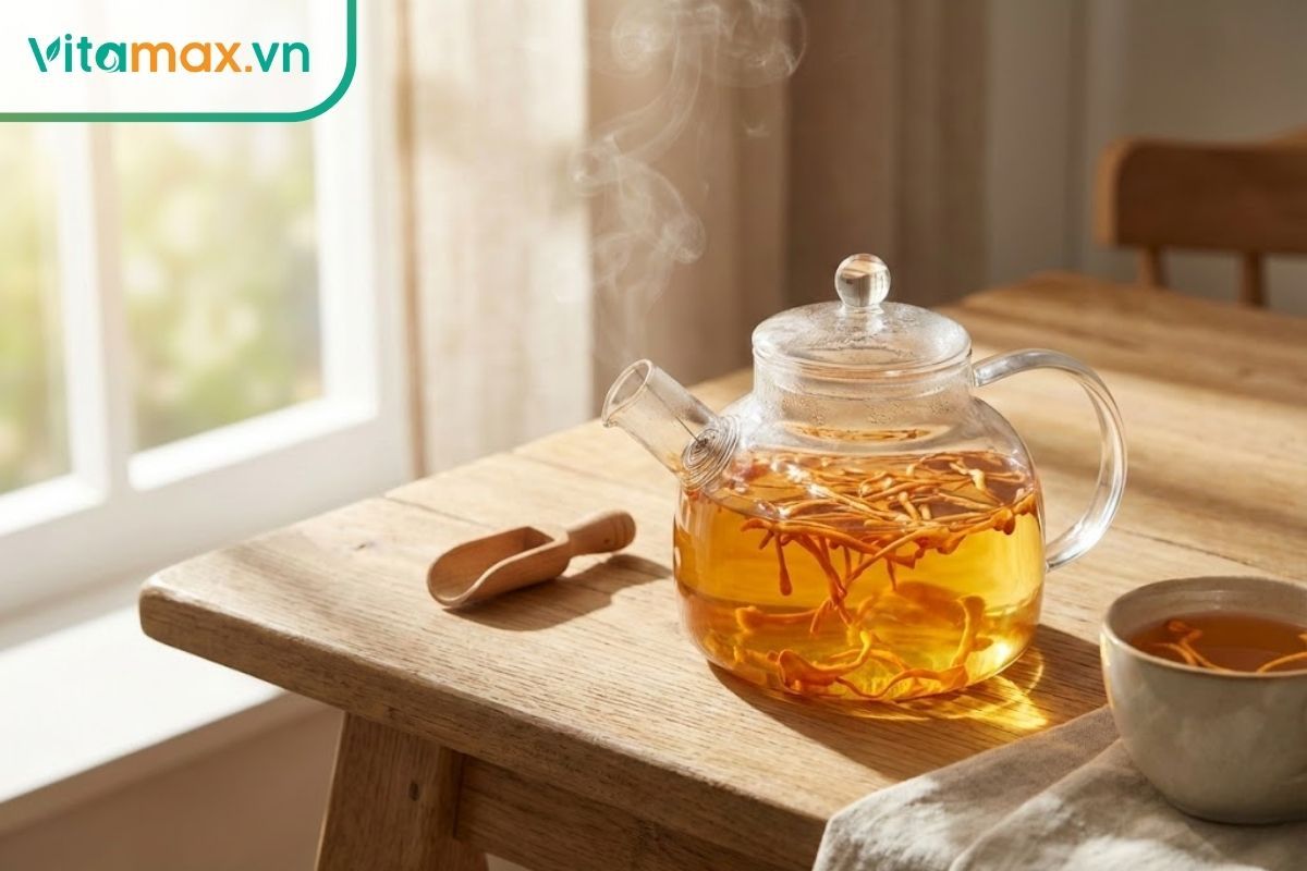 Một ấm trà thủy tinh chứa nước nấm nhộng trùng thảo màu vàng hổ phách, bốc khói nhẹ.