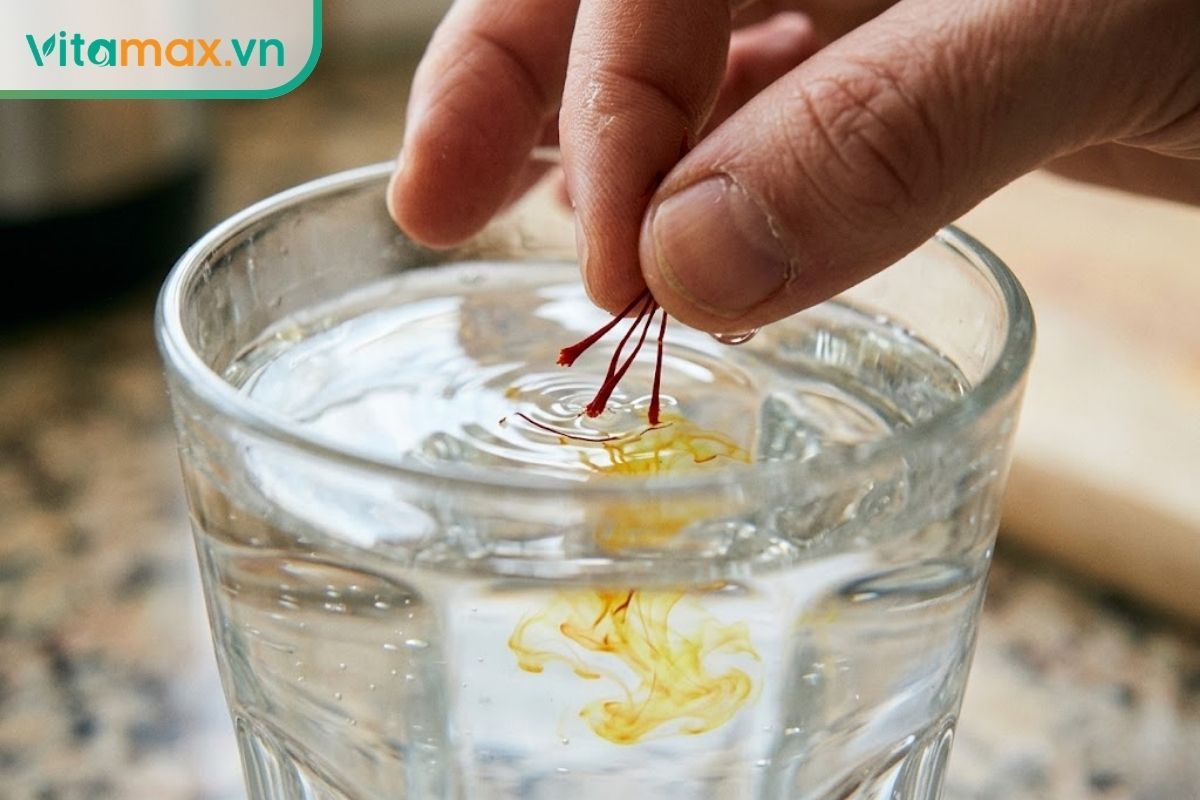 Cận cảnh thao tác thả những sợi saffron vào ly nước ấm, nước bắt đầu chuyển màu vàng.