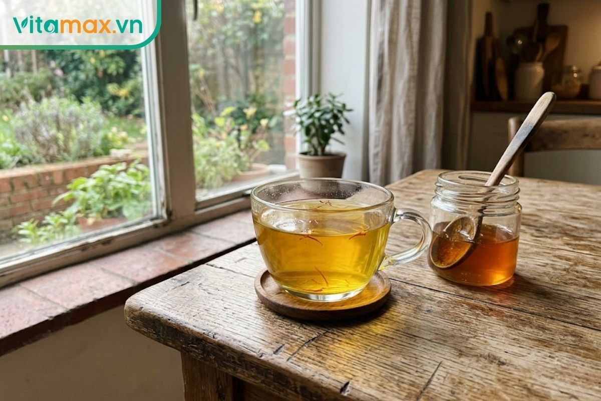 : Tách trà saffron màu vàng óng tự nhiên được pha cùng mật ong, đặt trên bàn làm việc trong ánh sáng ban mai nhẹ nhàng.