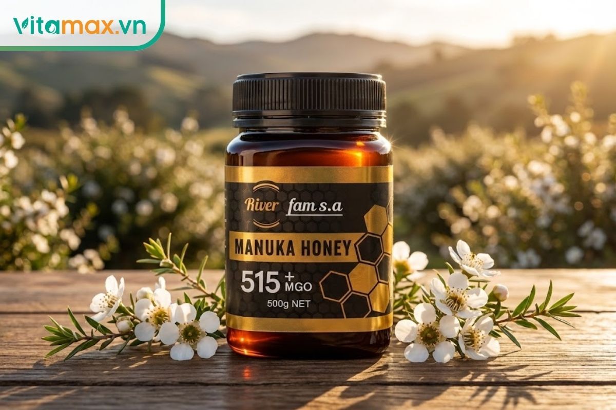 Hũ mật ong Manuka chính hãng đặt cạnh hoa Manuka trắng, minh họa cho cách phân biệt thật giả.