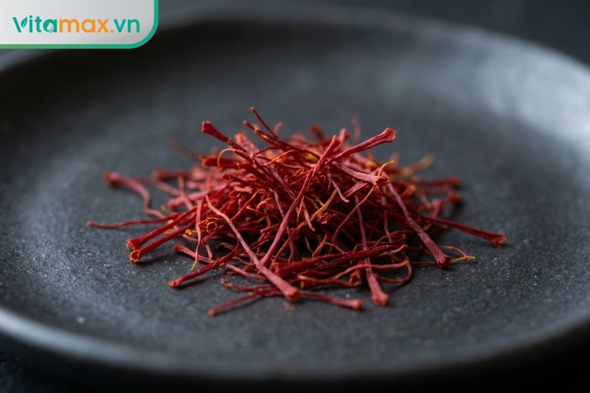 Chụp macro cực cận cảnh một nhúm sợi nhụy hoa nghệ tây (saffron) nguyên chất cao cấp. Các sợi có màu đỏ thẫm rực rỡ, đầu nhụy phình to hình phễu đặc trưng, đặt trên một chiếc đĩa gốm mộc mạc.