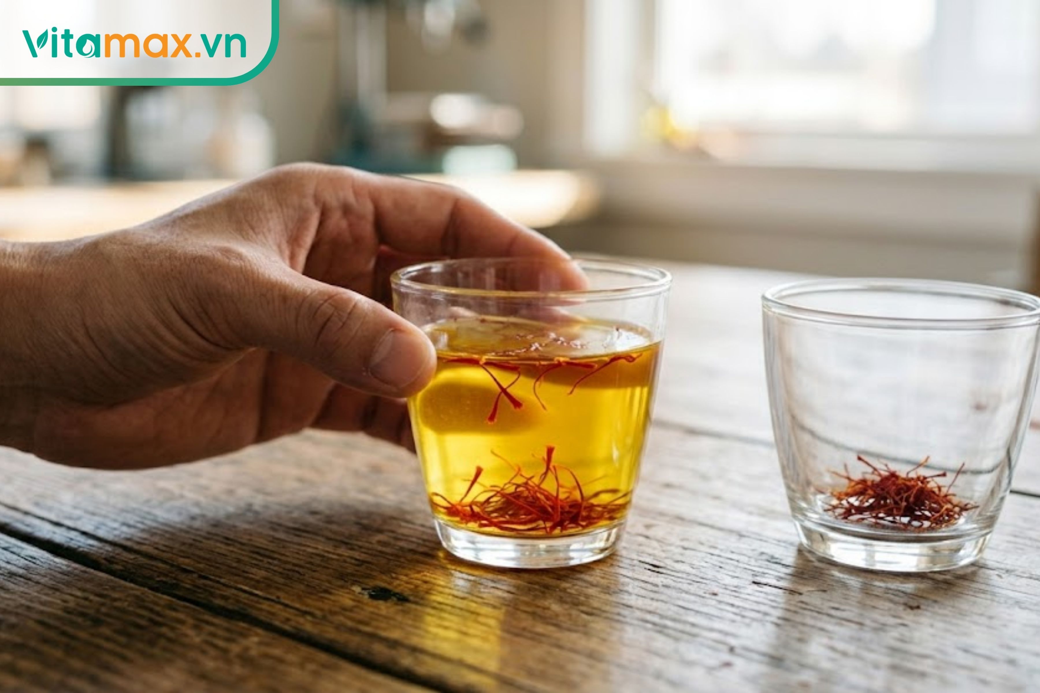 Cận cảnh một ly nước ấm pha nhụy hoa nghệ tây (Saffron) thật, nước có màu vàng óng trong suốt và sợi saffron vẫn giữ nguyên màu đỏ, không bị mất màu hay mủn ra.