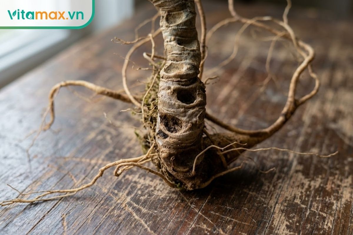 Cận cảnh các vết sẹo xếp lớp trên phần thân rễ của củ sâm Ngọc Linh 5 đến 8 năm tuổi đặt trên mặt bàn gỗ.